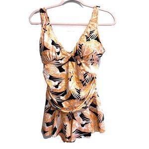 Jaclyn Smith Womens Orange Swimsuit 12 One Piece Floral Padded Pullover Stretch